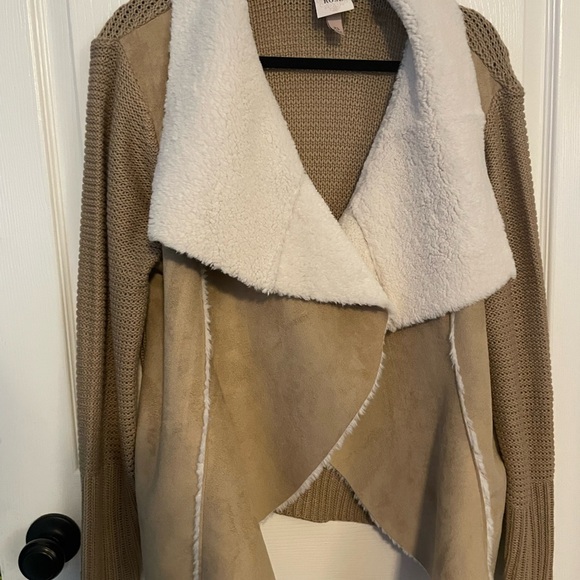 Knox Rose Womens XL Open Front Faux Suede Shearling Tan Cardigan Sweater Jacket - Picture 2 of 4